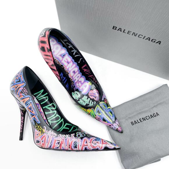 Balenciaga Graffiti Knife Pumps Black Leather Heels Pointed Sz 37.5 / 7.5 US - Picture 1 of 12